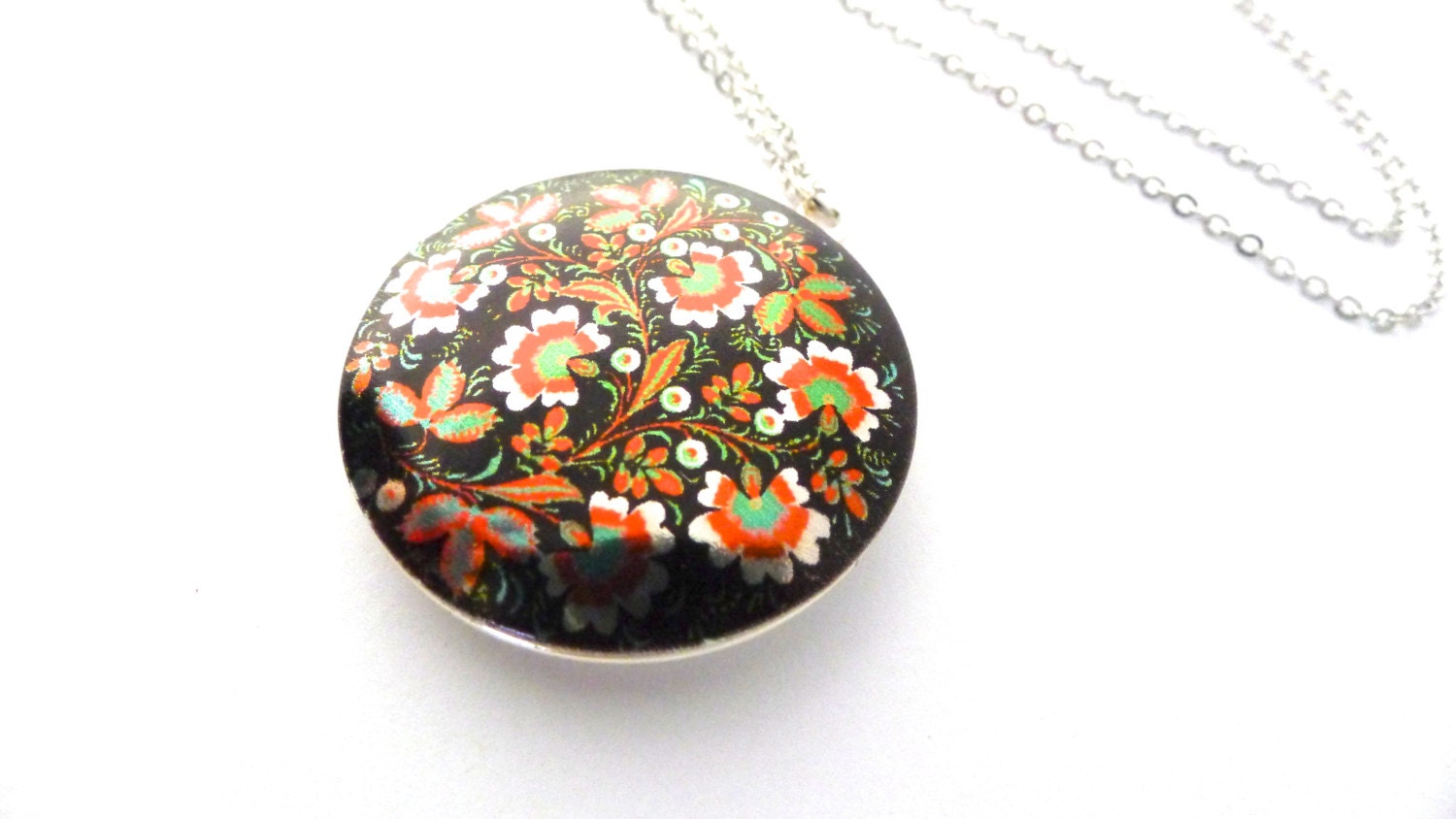Floral Graphic on Silver Locket, 18 inch silver plated chain, Orange and Green Flowers on Black Background, Photo Holder, Handmade Jewelry