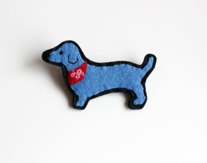 Dachshund Brooch - Felt Animal Brooch - Blue Dog Pin - Animal Brooch - myhideaway