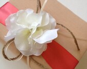 Rustic Wedding Photo Album - White Hydrangeas - Tea Dyed Muslin and Coral Ribbon - Handmade - Free Shipping