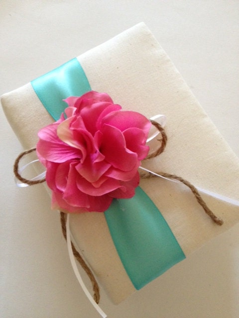 Rustic Wedding Photo Album - Hot Pink Hydrangeas - Turquoise Blue Ribbon - Handmade and Gift Wrapped - Free Shipping