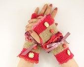 Knit fingerless gloves arm warmers fingerless mittens alpaca silk mohair lambswool raspberry red beige tagt team
