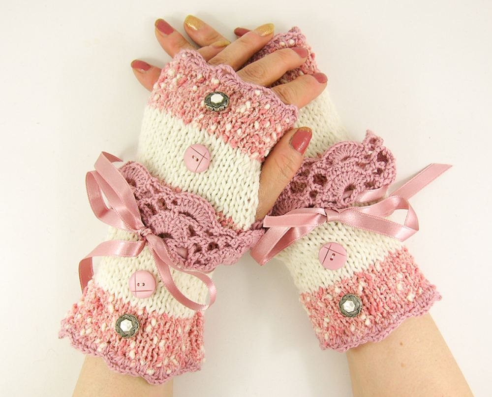 Knit fingerless gloves arm warmers fingerless mittens women white pink tweed lace romantic victorian  tagt team