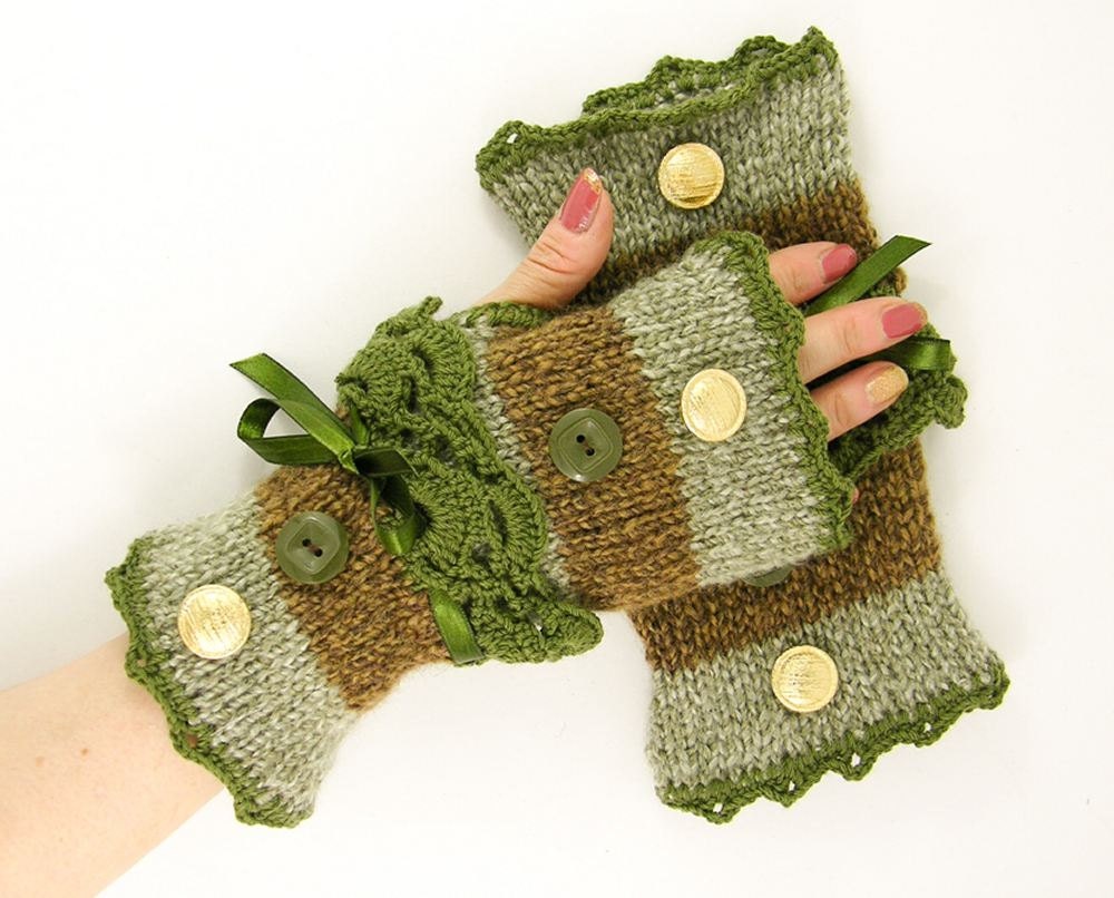Knit fingerless gloves arm warmers fingerless mittens women sage green and olive brown tweed lace romantic victorian