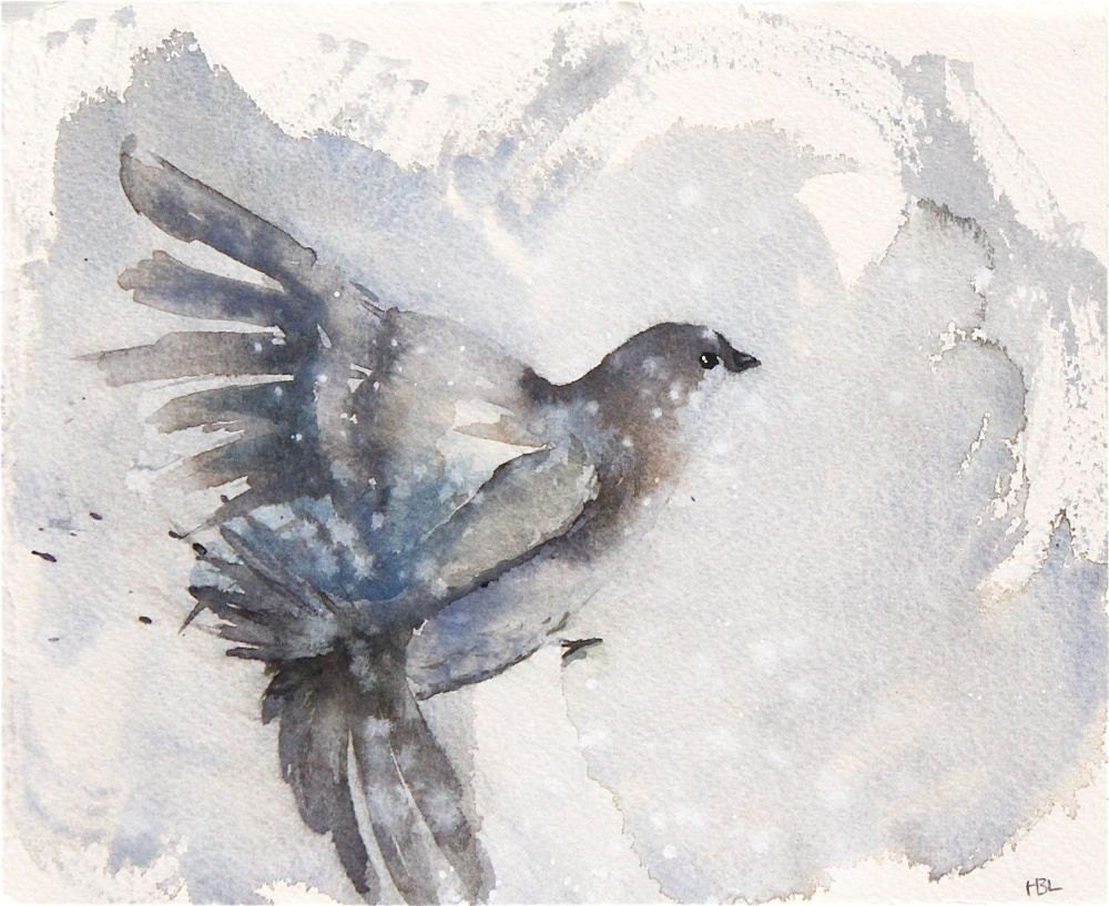 original watercolor painting small, flying bird in the snow, winter, wings, brown, gray