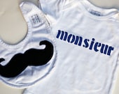 Mustache Onesie Bib Gift Set Baby Halloween Costume French Baby Shower Photo Booth Prop