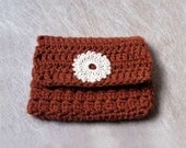Brown Crochet Rosary Beads Case, Flower Accent, Versatile Pouch, Snap Closure, Handmade