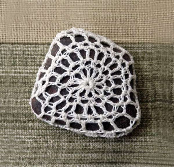 Zen Crochet Lace Stone, Home Decor Art Accent, Brown Rock, Ecru Thread, Calming, Harmony, Tranquility, OOAK, Gift for Him or Her, Feng Shui