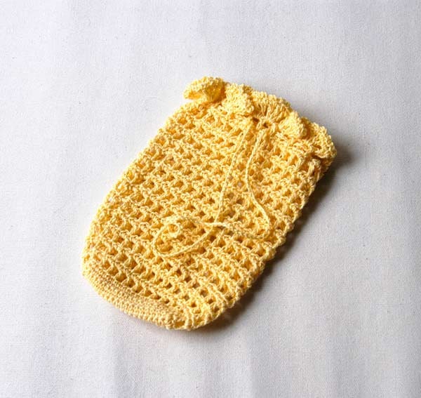 Spa Crochet Soap Saver Sack, Bag, Cotton Scrubbie, Drawstring Holder, Yellow Color, Zen Bath, For Men and Women, Handmade