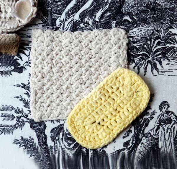 Bath Body Cotton Crochet Nubby Scrubbies, Large, Washcloths, White Square and Yellow Oval, Handmade, Men and Women