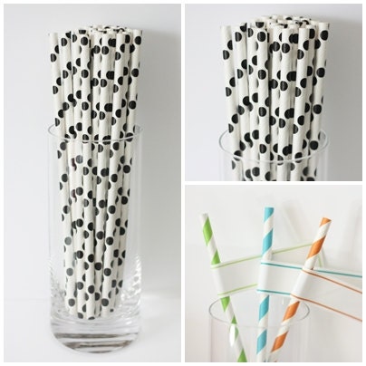 25 Black Polka Dot STRAWS - Black Straws - Retro Straws - Paper straws with flags - vintage wedding bridal shower baby birthday party Il_170x135