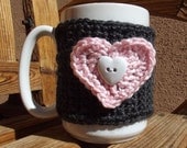 Crochet Charcoal Gray Coffee Mug Cozy with Pink Heart & White Heart Button