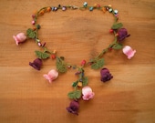 crochet flower necklace, pink, burgundy, green