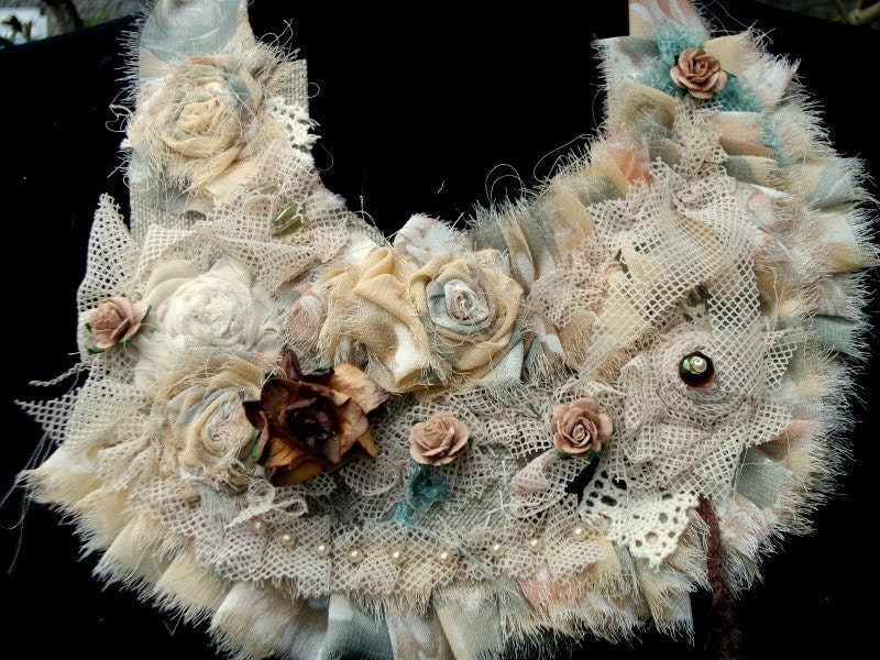 necklace, mori girl,beaded,bib necklace,jane austen,romance,shabby chic,gypsy,cream,ruffles,tattered,vintage style,jewelry