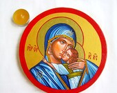 Madonna with Christ Child - original handpainted icon on canvas, Byzantine style - 8 inches diameter