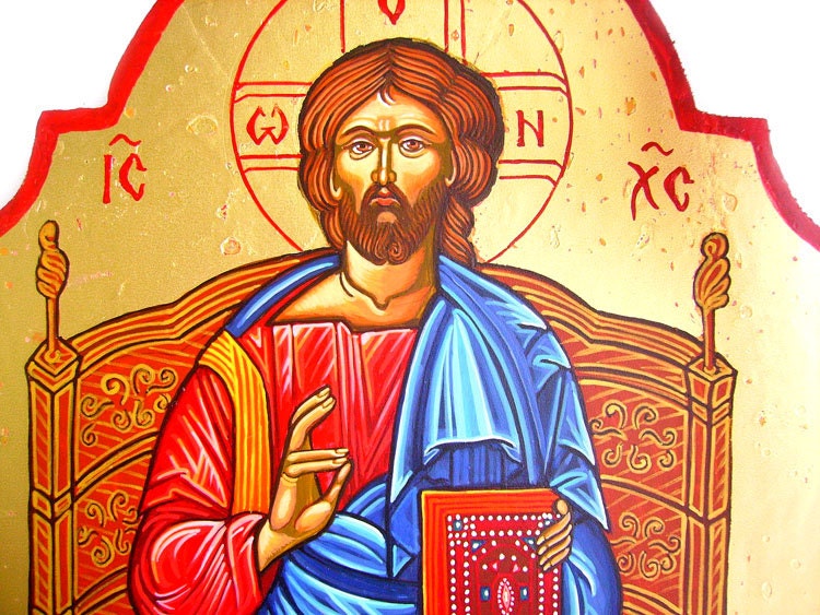 Jesus Christ Pantocrator on Throne - handpainted orthodox icon -  14 by 10 inches
