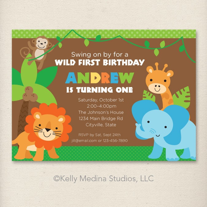 Custom Safari Animals Birthday Green Blue Orange Yellow - Personalized Printable Digital Invitation - Personal Use Only