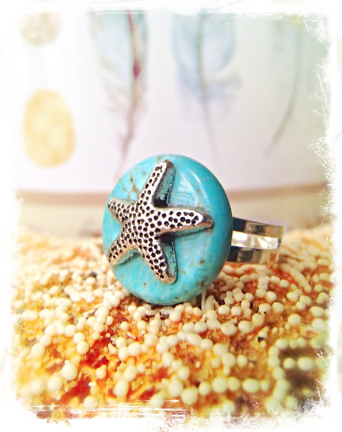 STARFISH Turquoise RING summer BEACH Ring Ocean Jewelry ring Silver Adjustable ring Southwestern ring Cowgirl ring
