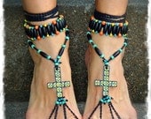 Mosaic CROSS BAREFOOT Sandals Black FESTIVAL sandals Cowgirl Toe Anklets crochet Sandals Statement shoes sole less shoes foot jewelry