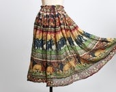 Vintage 90s Grunge India Gauze Elephant Lion Print Long Skirt