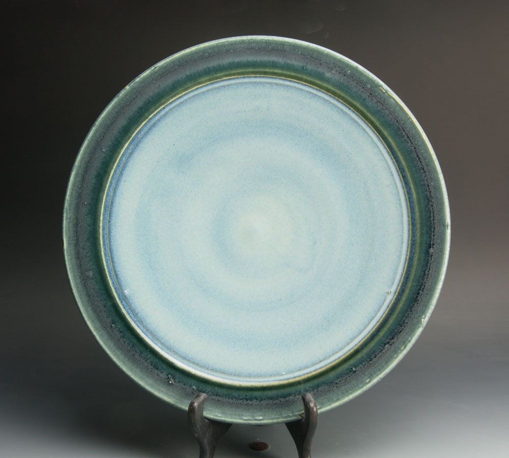 Handmade white stoneware shallow serving platter soft blue-951