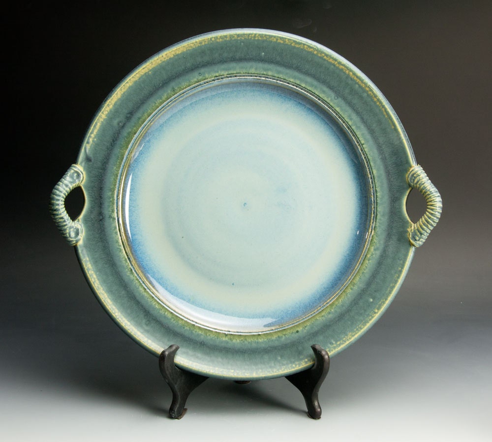Handmade white stoneware shallow serving platter soft blue-956