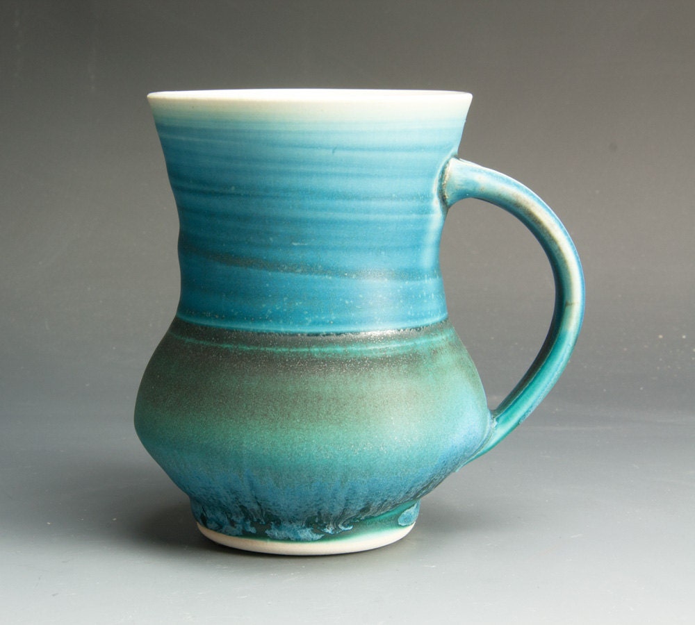Handmade porcelain coffee mug or tea cup turquoise and blue 1018