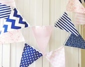 21 Fabric Flag Bunting, 9 Feet Banner, Navy Blue and Pale Pink Polka Dot, Chevron, Floral, Baby Nursery Decor, Wedding Garland, Birthday