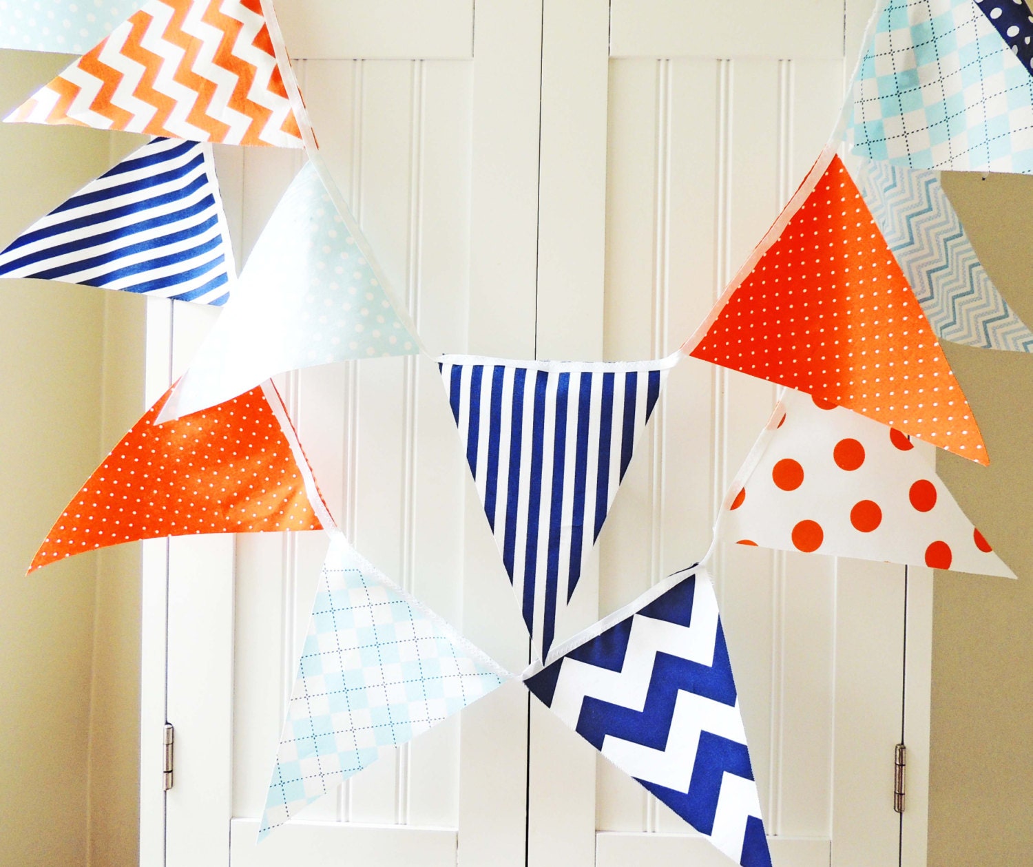 21 Flag Bunting, 9 Feet Banner, Orange, Light Blue, Navy, Chevron, Polka Dot, Argyle, Baby Boy Nursery Decor, Wedding, Birthday Garland