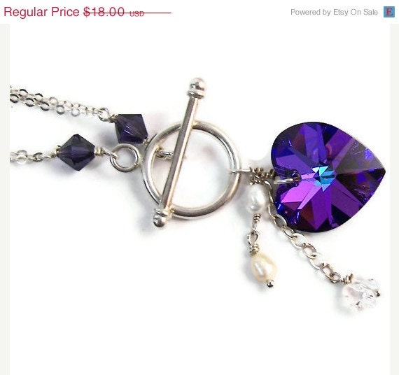 Sale 10% Off Very Cute Swarovski Crystal Heart Sterling Silver and Fresh Water Pearls Necklace