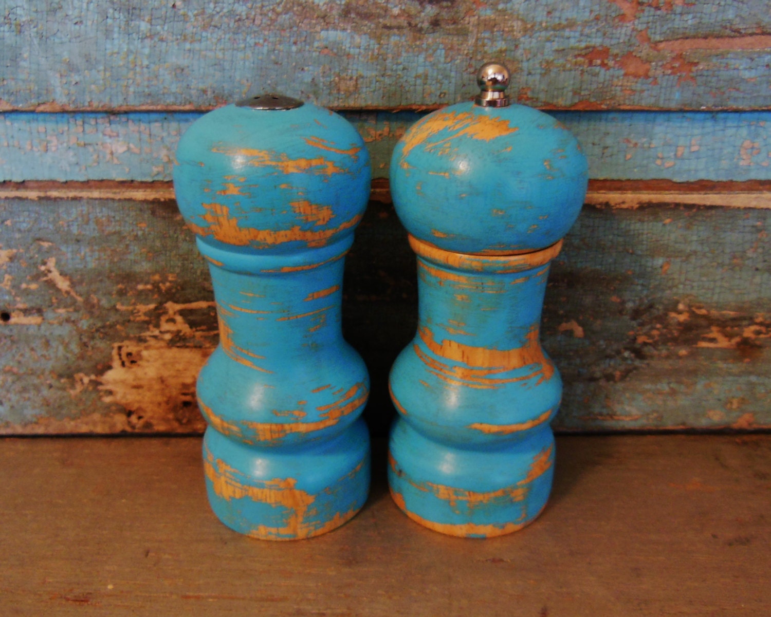 Turquoise Salt Shaker and Pepper Grinder Mill Distressed Wood