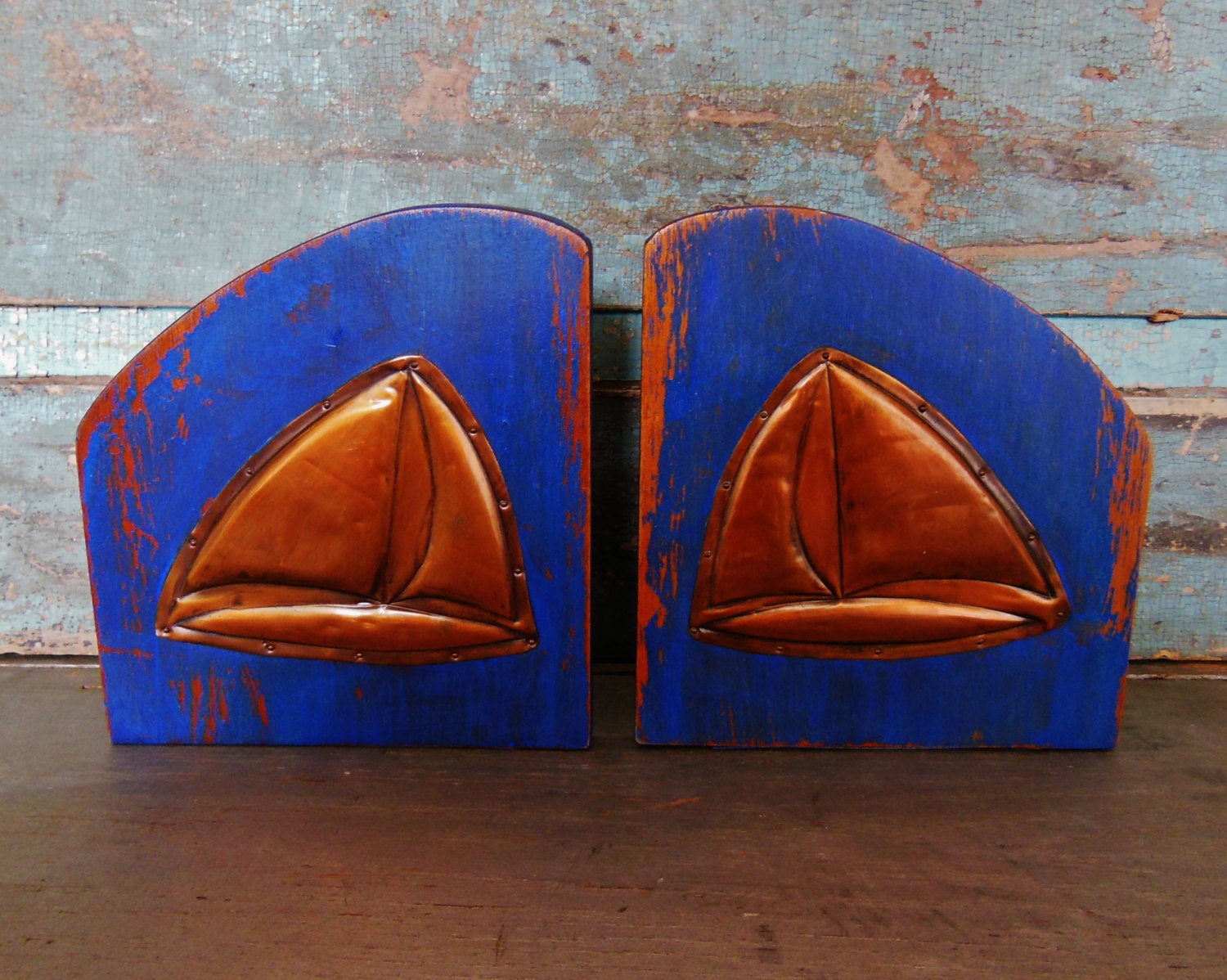 Bookends Sailboat Royal Blue Wood Distressed Copper Nautical