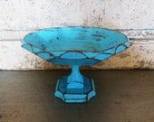 Turquoise Pedestal Display Bowl Compote Distressed Wooden