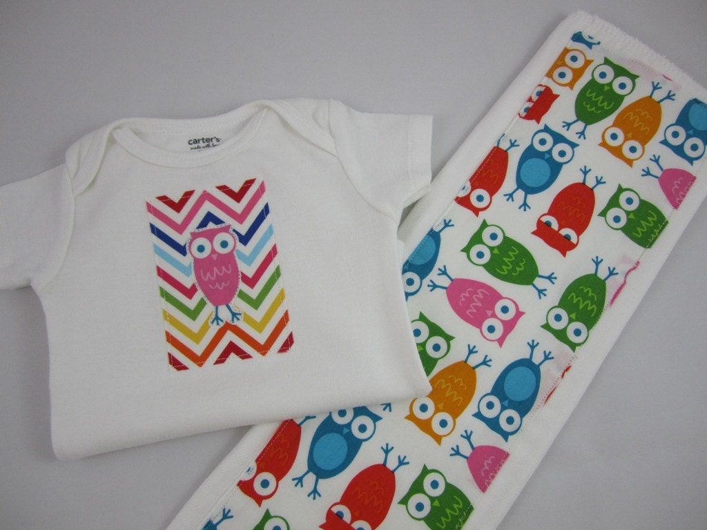 Baby Girl Gift - Owl Onesie and Burp Cloth Diaper - Zigzags and Ann Kelle Staggered Owls - Rainbow Chevrons