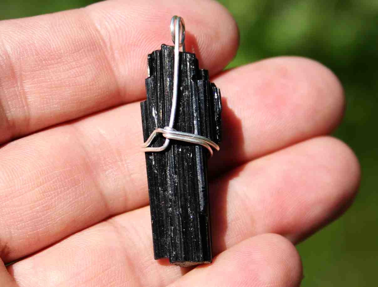 Black Tourmaline Wire Wrapped with Argentium Silver Crystal Pendant
