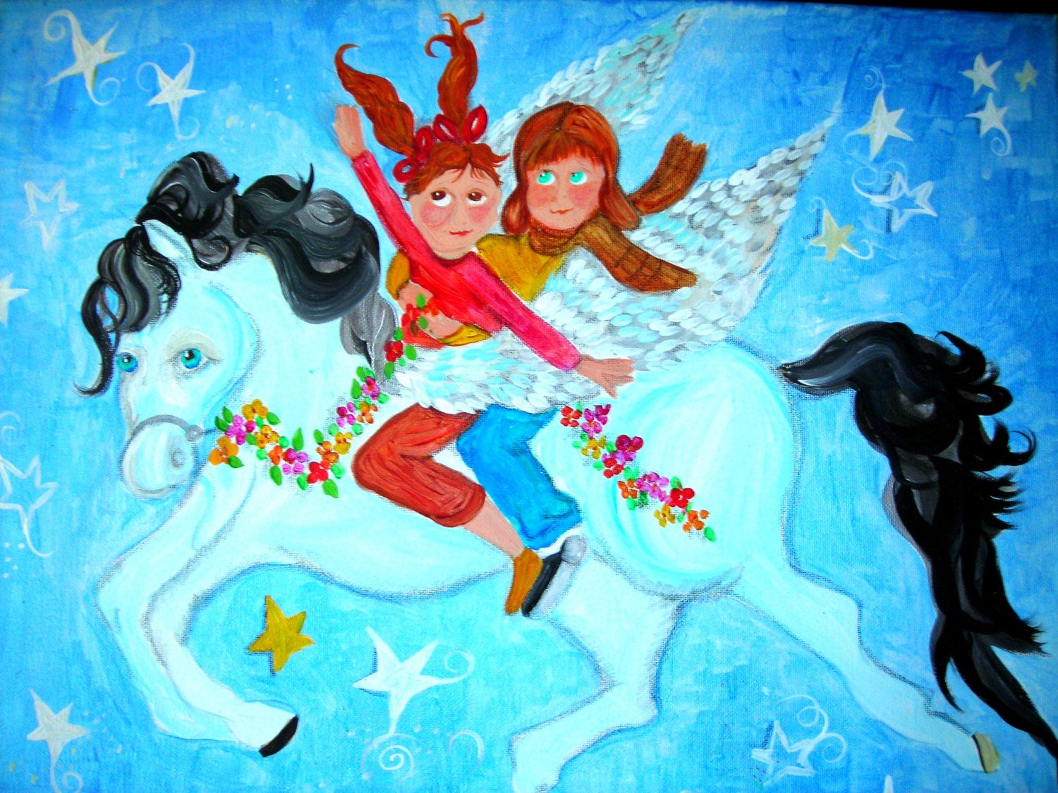 Original Acrylic Painting The Flying Horse 20x16 Original Children's Canvas Art