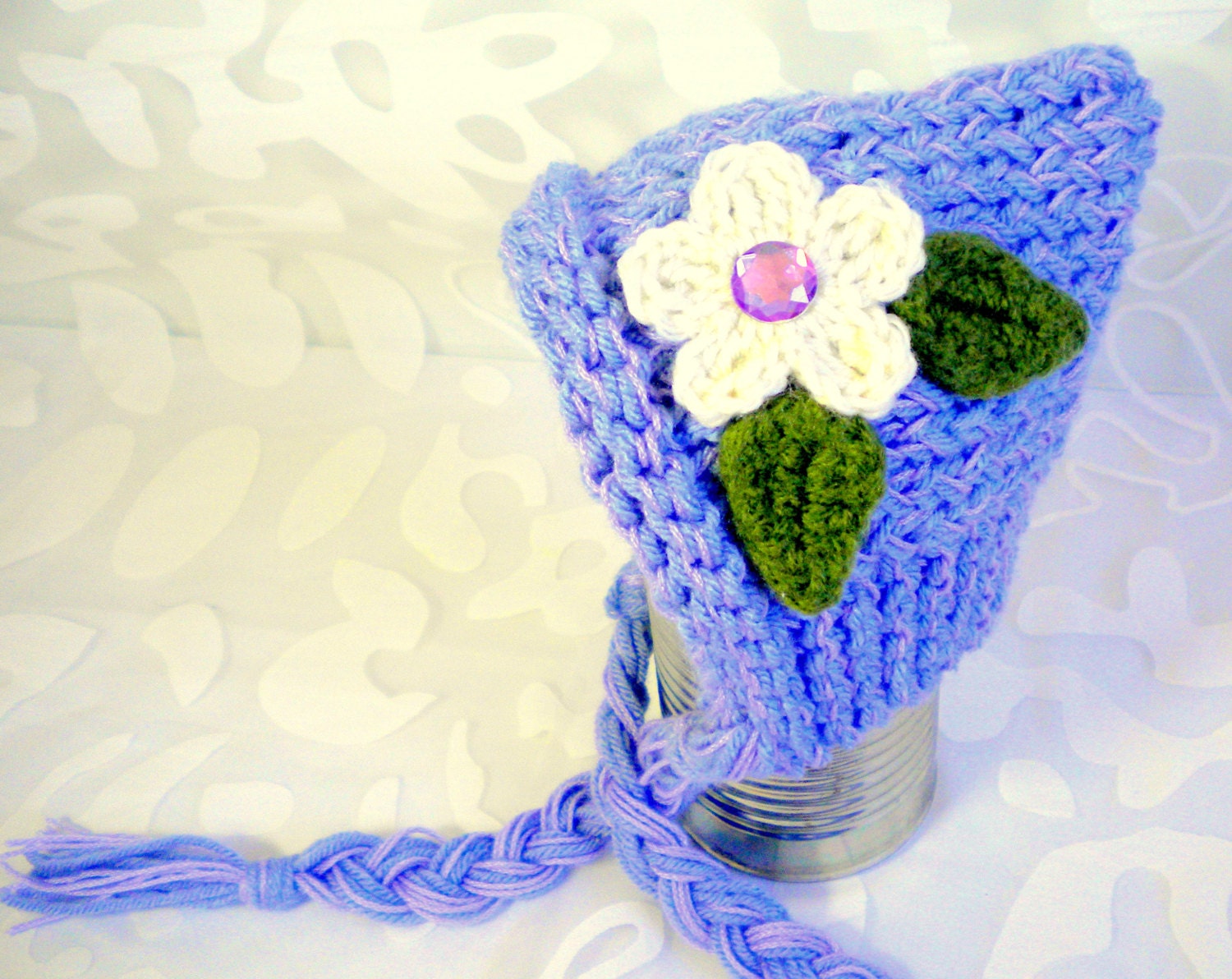 Preemie to Newborn Baby Pixie Elf Hat with Flower Knitted Baby Girl in Lavendar White and Green Yarn MACHINE WASHABLE
