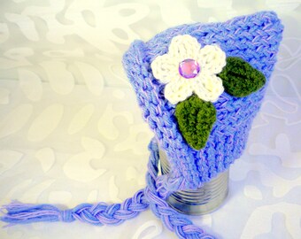 Preemie to Newborn Baby Pixie Elf Hat with Flower Knitted Baby Girl in Lavendar White and Green Yarn MACHINE WASHABLE