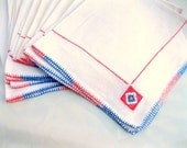 Vintage Napkins-10PC-Coral-Blue-Cream Linen-Embroidered-Large-Dinner from Tessiemay