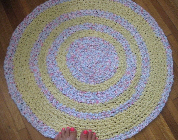 Yellow and Pink, girls toom rug, 30" ready to ship Rag Rug, pink yellow and blue, baby room rug, crochet rug, upcycled textiles