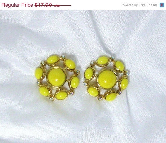 Summer Yellow and AB Rhinestone Vintage Clip Earrings