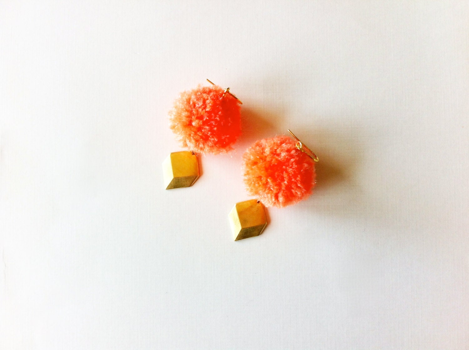 Geometric Pom Pom Ball Earrings / Neon Melon with Brass Diamond Charm / Bright Spring Statement Jewelry