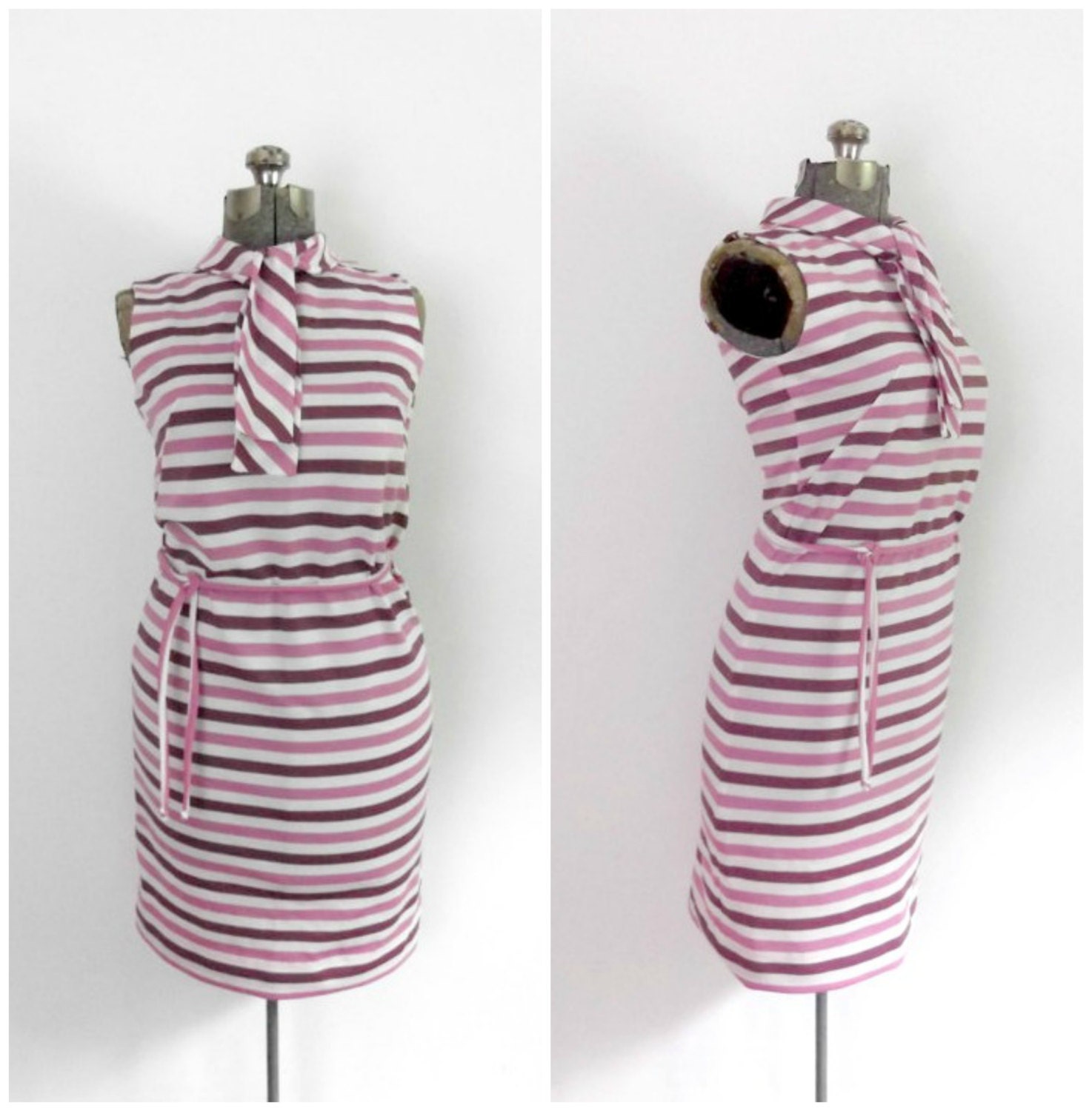1960s Striped Bow Dress Purple Lavender and White Mad Men Straight Sheath
