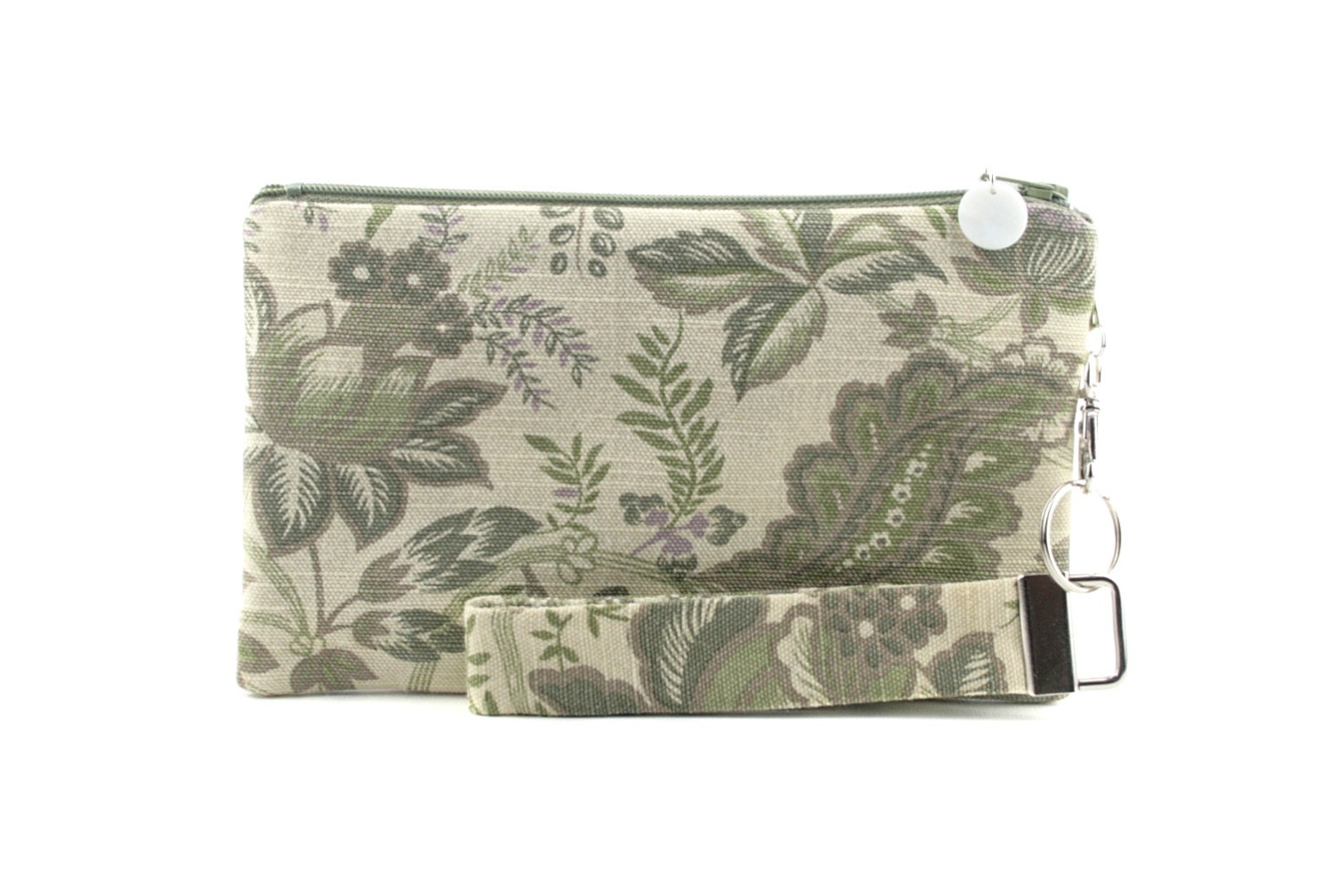 Floral toile wristlet / small clutch / green and ivory fabric purse / zipper pouch & detachable key fob gift set for women in woodland style