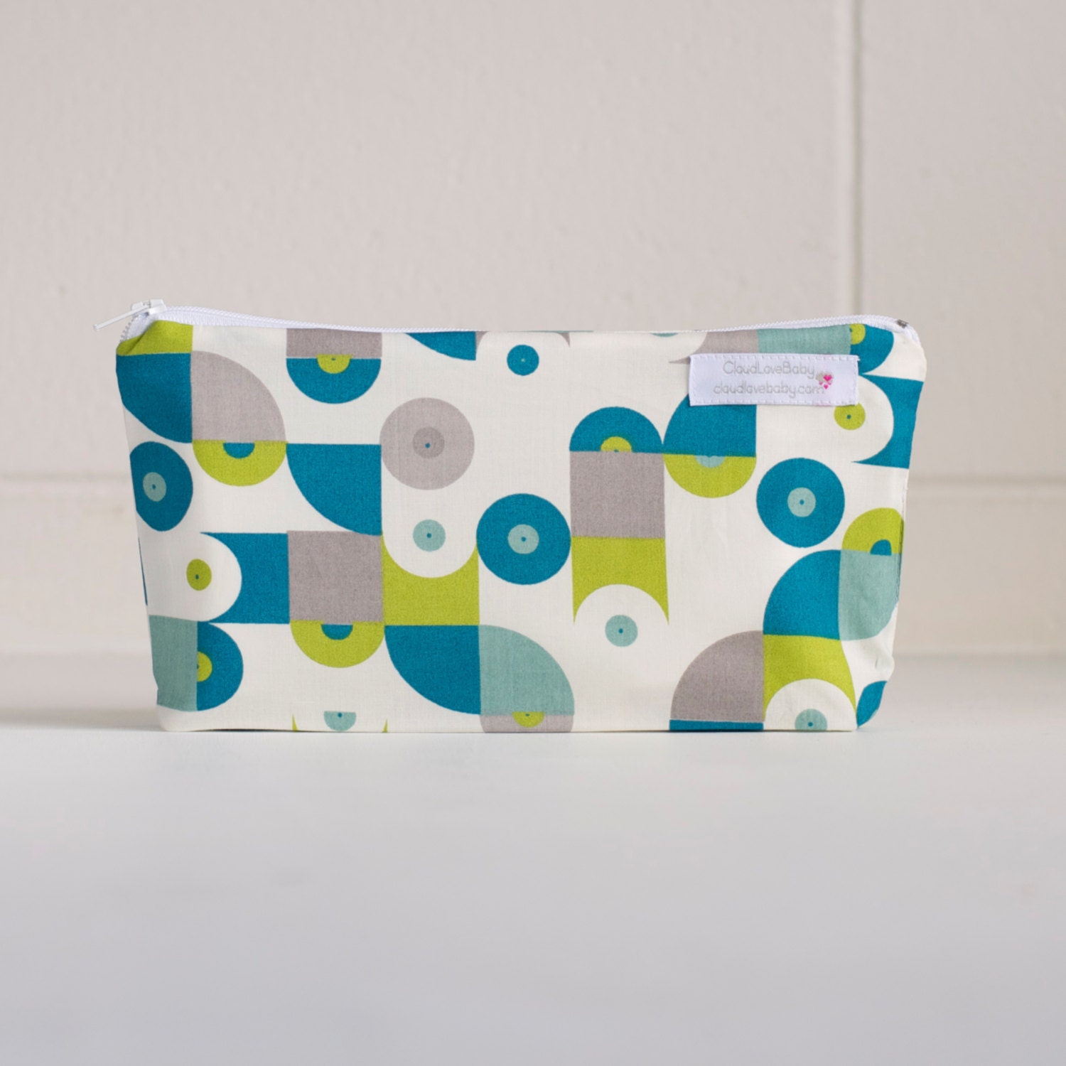 cosmetic bag. wet bag. extra small. organic cotton. lime green mod vinyl record print