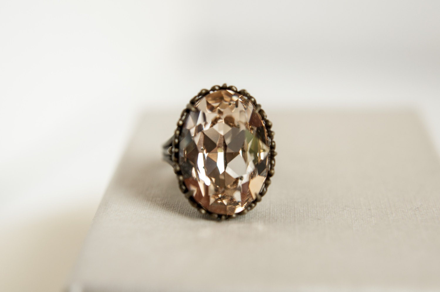 Swarovski Crystal Ring - Light Silk -  oval cabochon - antique bronze tone base