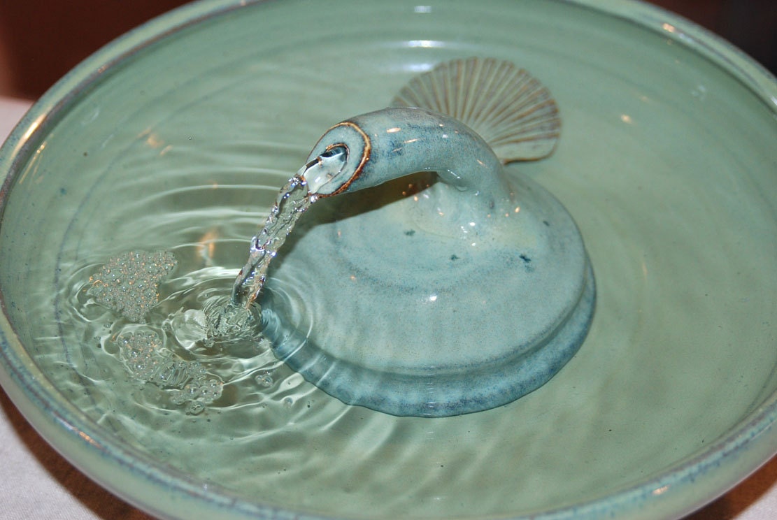 Cat Drinking Fountain, Ceramic, Handmade, Foodsafe -  "SeaZen" - 11 Inch Diameter
