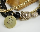 Stretchable Stack Bracelets, Black Gold Stacking Bracelets, Stamped Buddha Bracelet