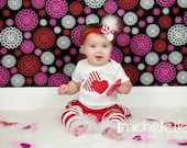 Valentine red and white striped heart onesie striped ruffle bloomers diaper cover w/matching fabric rolled rosette headband