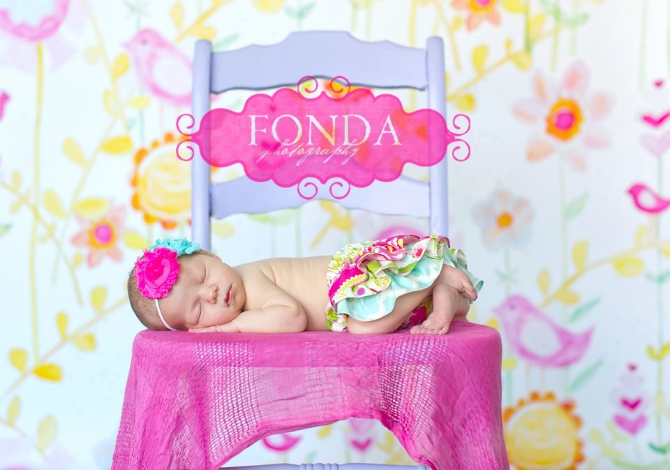 Hot pink aqua cream and green flower ruffle bloomers diaper cover M2M Dena Fishbein Kumari Garden bedding for newborn baby infant