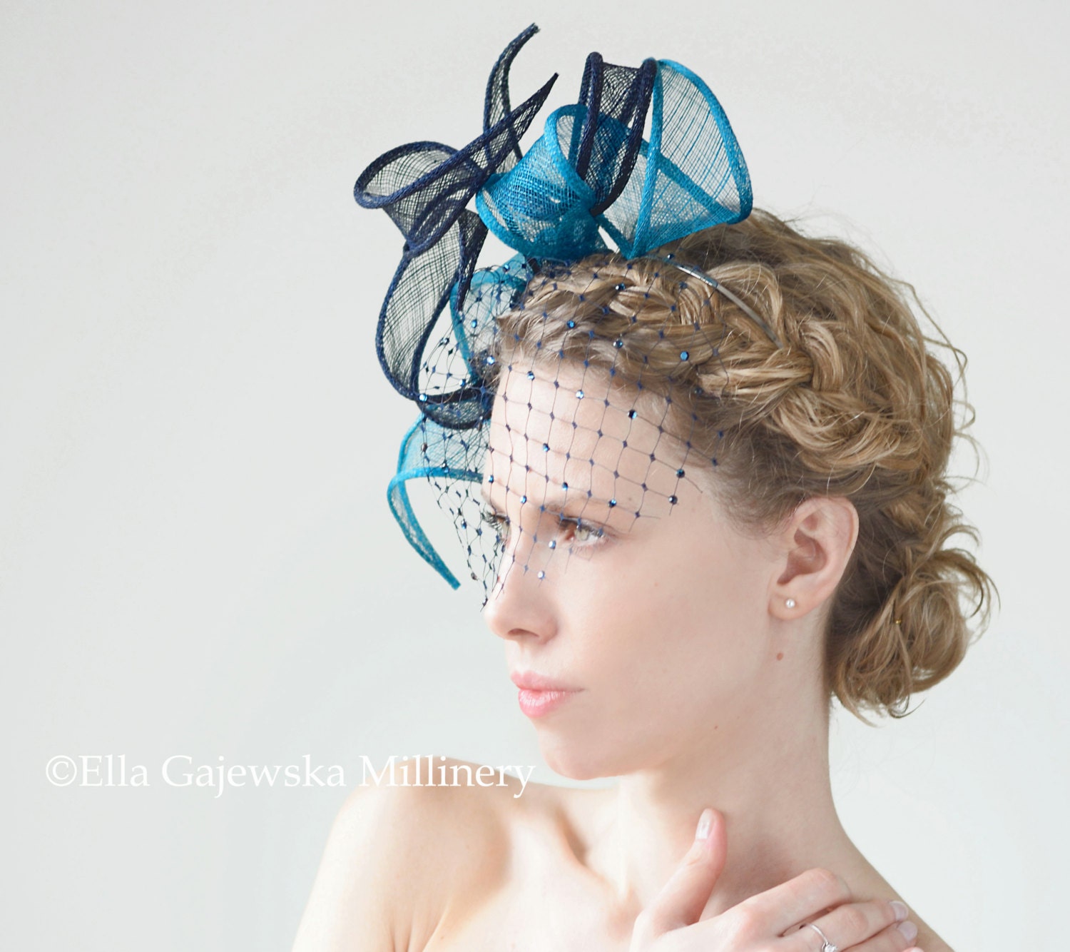 Royal Ascot Turquoise Navy Fascinator Straw Cocktail Head Band French Birdcage Veiling Swarovski Rhinestones Summer Headpiece Derby Hats